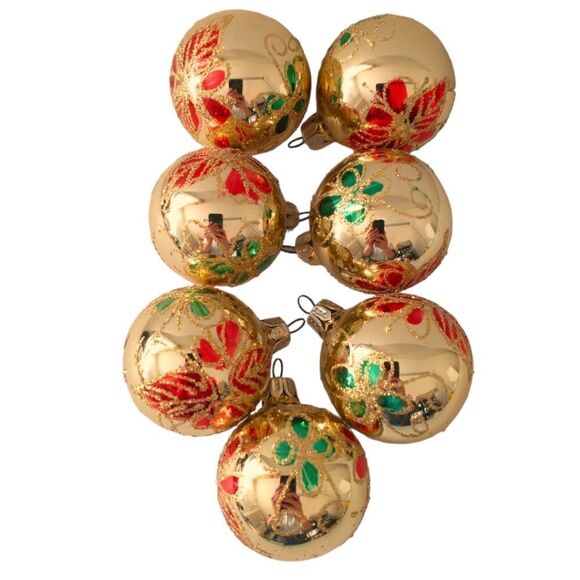 Commodore Christmas Classics Ornaments x 7 Glass Ball Hand Decorated Poinsettia. - Picture 12 of 16